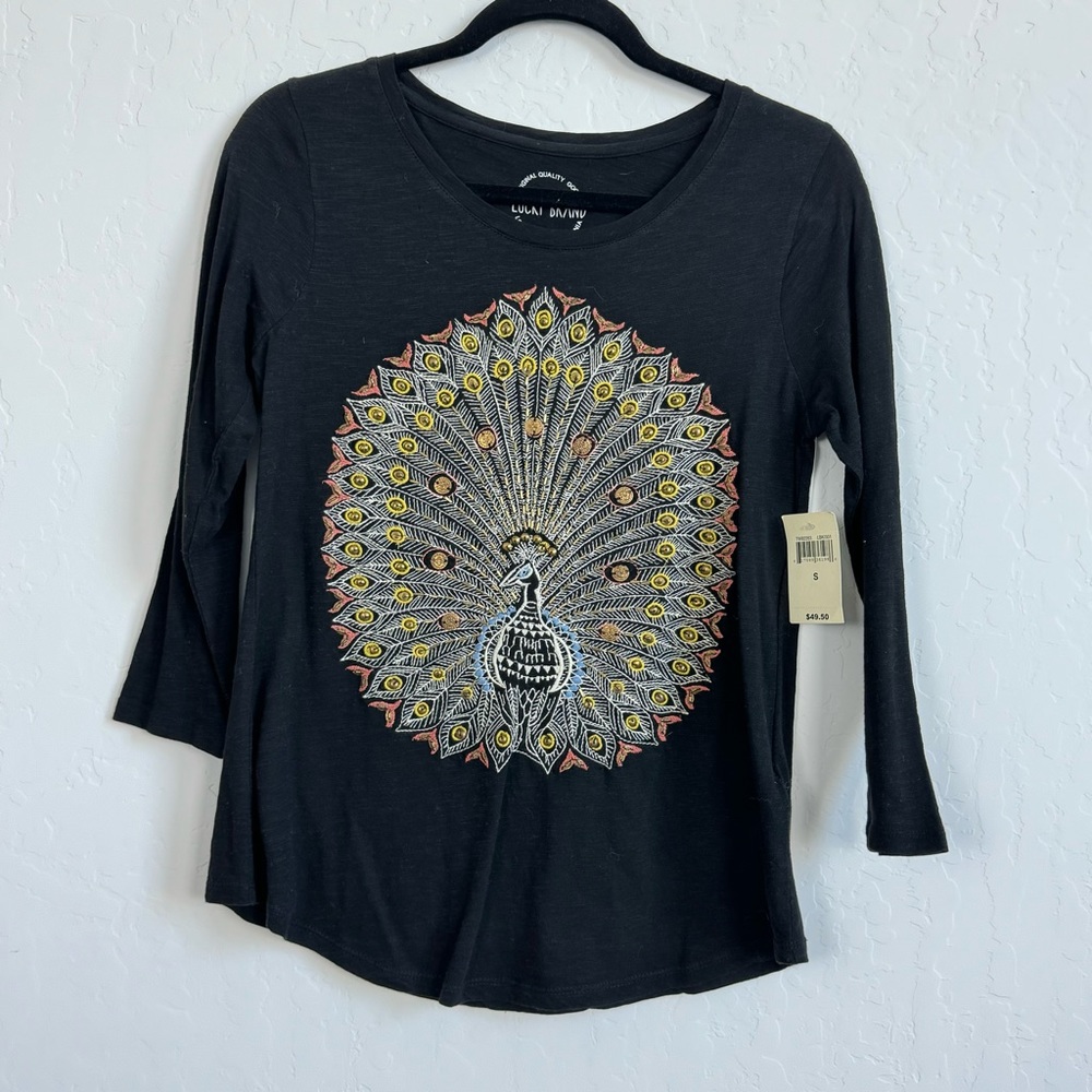 NWT Lucky Brand Black Peacock Long Sleeve Tee